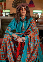 Monjolika Fashion Aqua Blue and Rust Silk Blend Ikat Print Work Contemporary Saree - Distacart