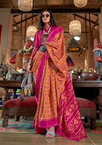 Monjolika Fashion Mustard and Magenta Pink Silk Blend Ikat Print Work Contemporary Saree - Distacart