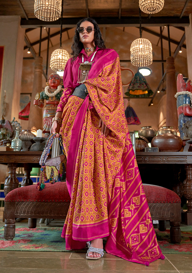 Monjolika Fashion Mustard and Magenta Pink Silk Blend Ikat Print Work Contemporary Saree - Distacart