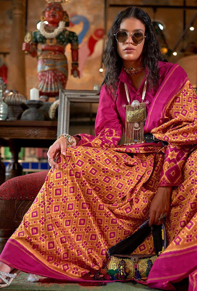 Monjolika Fashion Mustard and Magenta Pink Silk Blend Ikat Print Work Contemporary Saree - Distacart