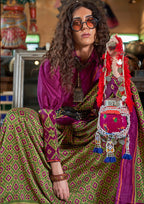 Monjolika Fashion Green and Purple Silk Blend Ikat Print Work Contemporary Saree - Distacart