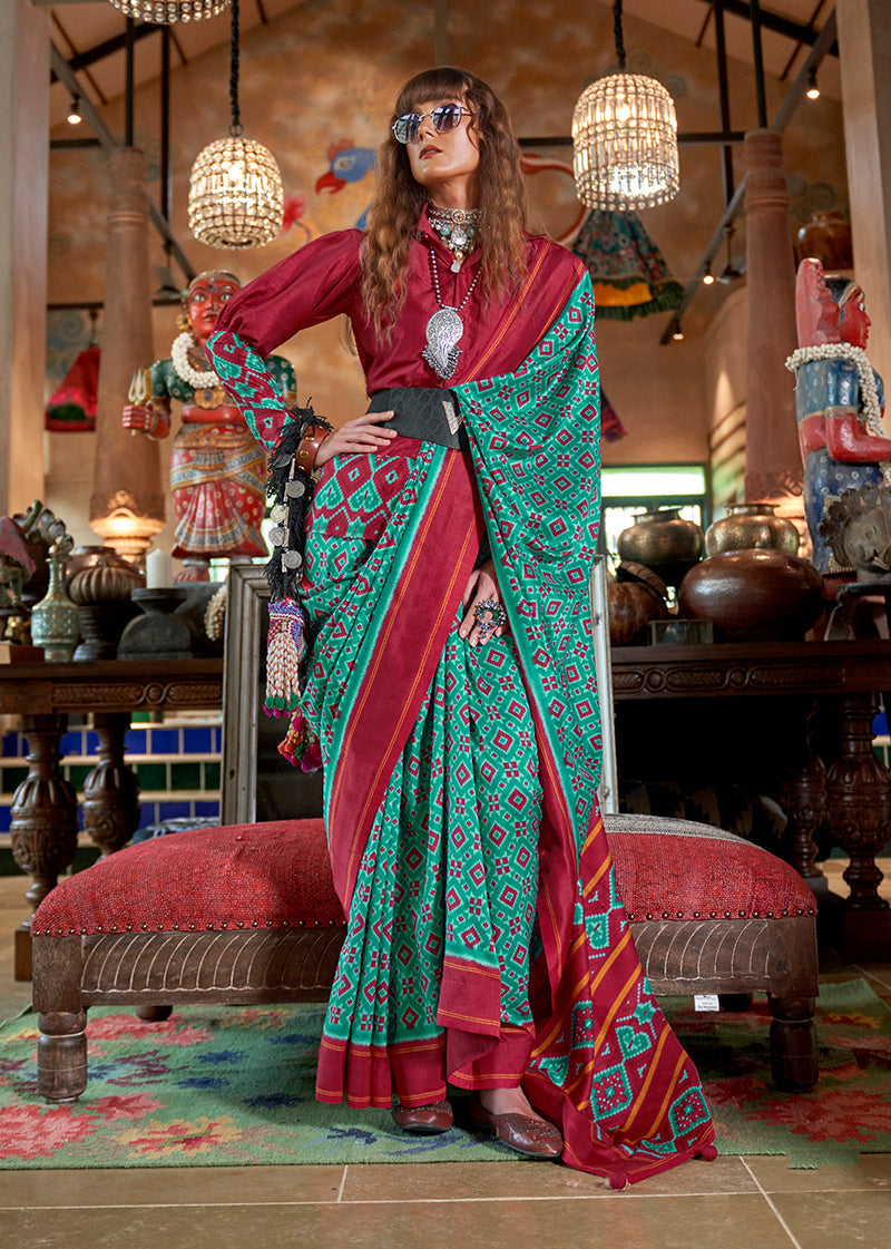Monjolika Fashion Turquoise and Maroon Silk Blend Ikat Print Work Contemporary Saree - Distacart