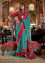 Monjolika Fashion Turquoise and Maroon Silk Blend Ikat Print Work Contemporary Saree - Distacart