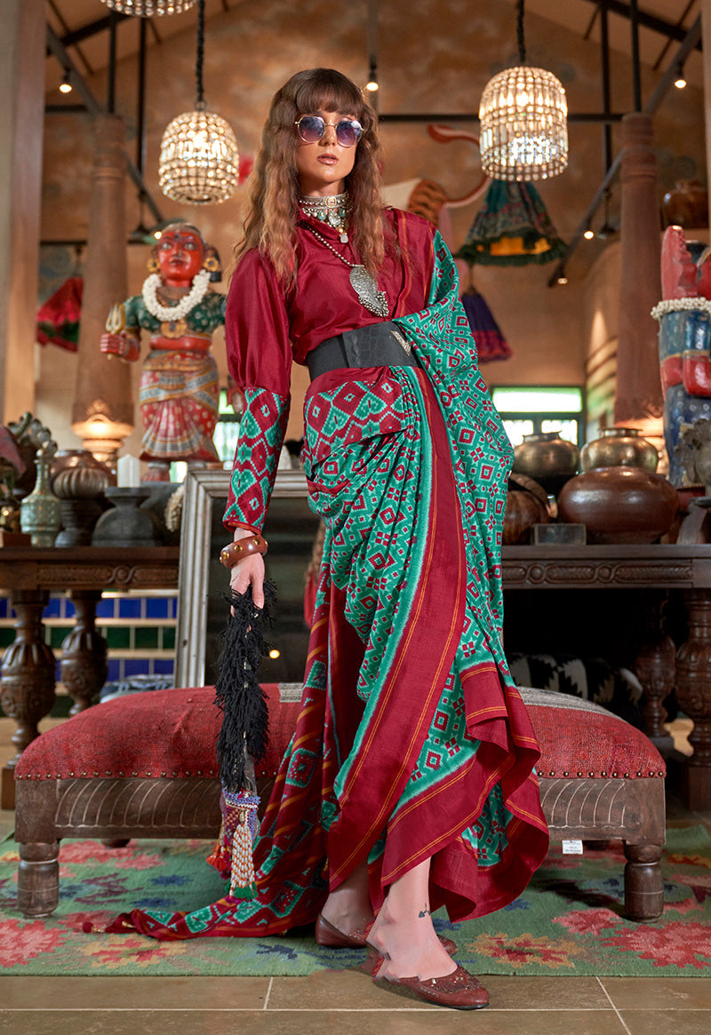 Monjolika Fashion Turquoise and Maroon Silk Blend Ikat Print Work Contemporary Saree - Distacart
