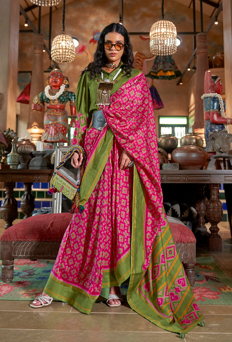 Monjolika Fashion Rani Pink and Green Silk Blend Ikat Print Work Contemporary Saree - Distacart