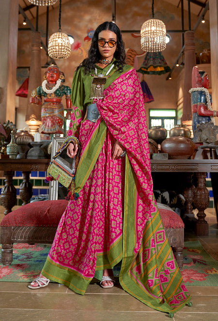 Monjolika Fashion Rani Pink and Green Silk Blend Ikat Print Work Contemporary Saree