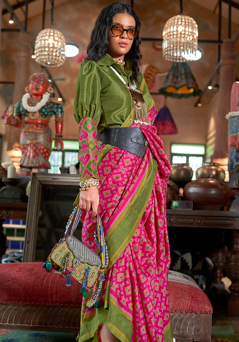 Monjolika Fashion Rani Pink and Green Silk Blend Ikat Print Work Contemporary Saree - Distacart