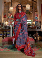 Monjolika Fashion Navy Blue and Maroon Silk Blend Ikat Print Work Contemporary Saree - Distacart