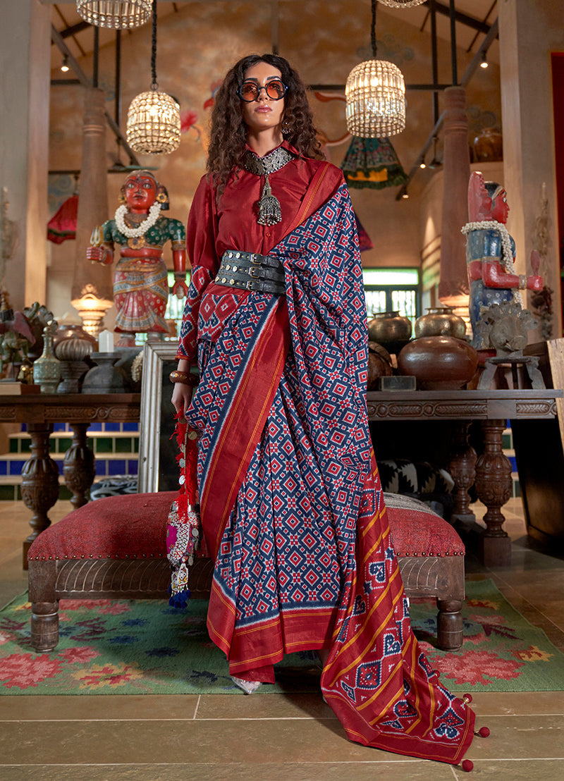Monjolika Fashion Navy Blue and Maroon Silk Blend Ikat Print Work Contemporary Saree - Distacart