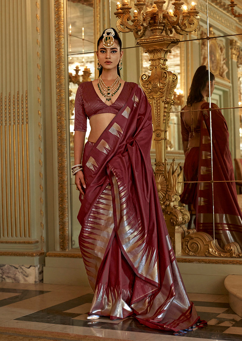 Monjolika Fashion Maroon Weaving Work Silk Blend Classic Saree - Distacart