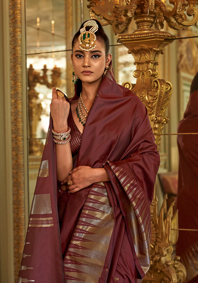 Monjolika Fashion Maroon Weaving Work Silk Blend Classic Saree - Distacart