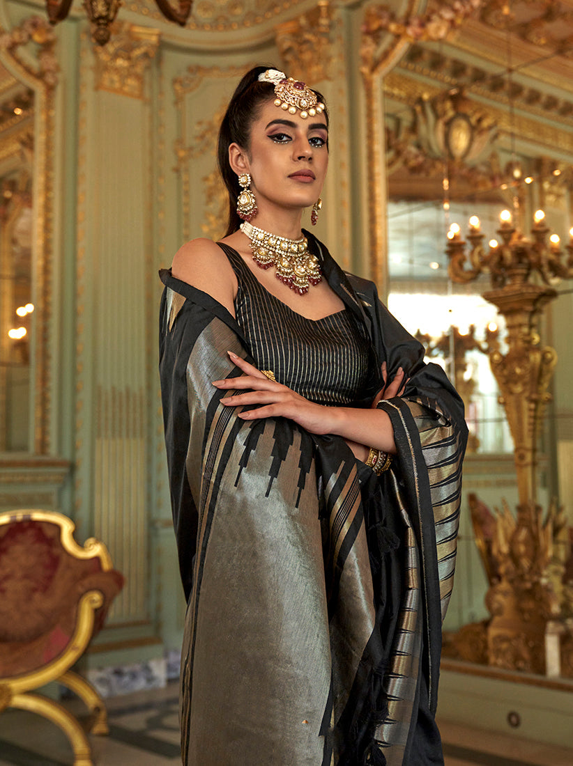 Monjolika Fashion Black Weaving Work Silk Blend Classic Saree - Distacart