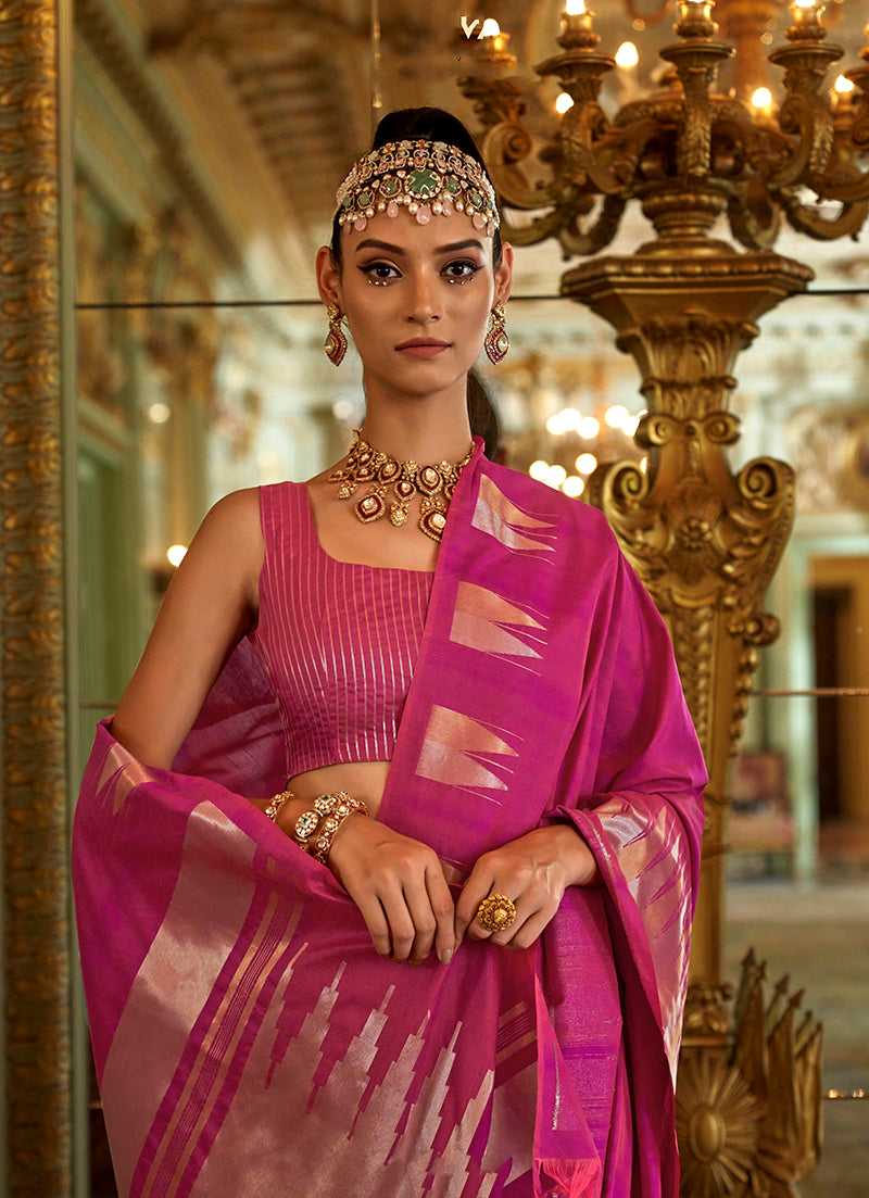 Monjolika Fashion Hot Pink Weaving Work Silk Blend Classic Saree - Distacart
