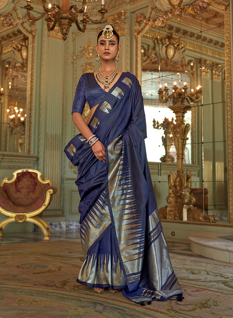 Monjolika Fashion Navy Blue Weaving Work Silk Blend Classic Saree - Distacart