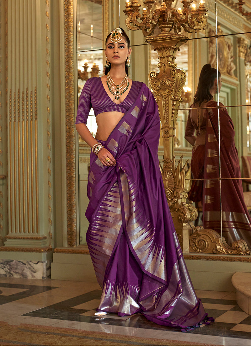 Monjolika Fashion Purple Weaving Work Silk Blend Classic Saree - Distacart