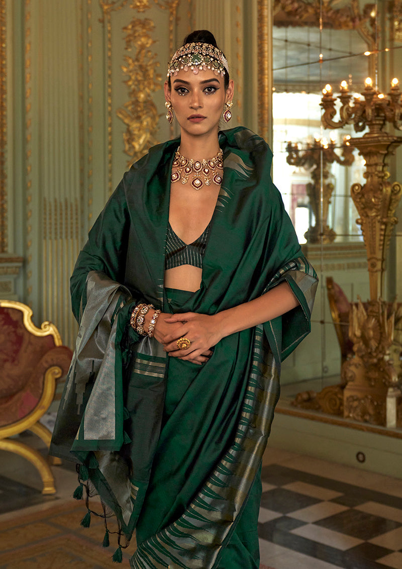 Monjolika Fashion Bottle Green Weaving Work Silk Blend Classic Saree - Distacart