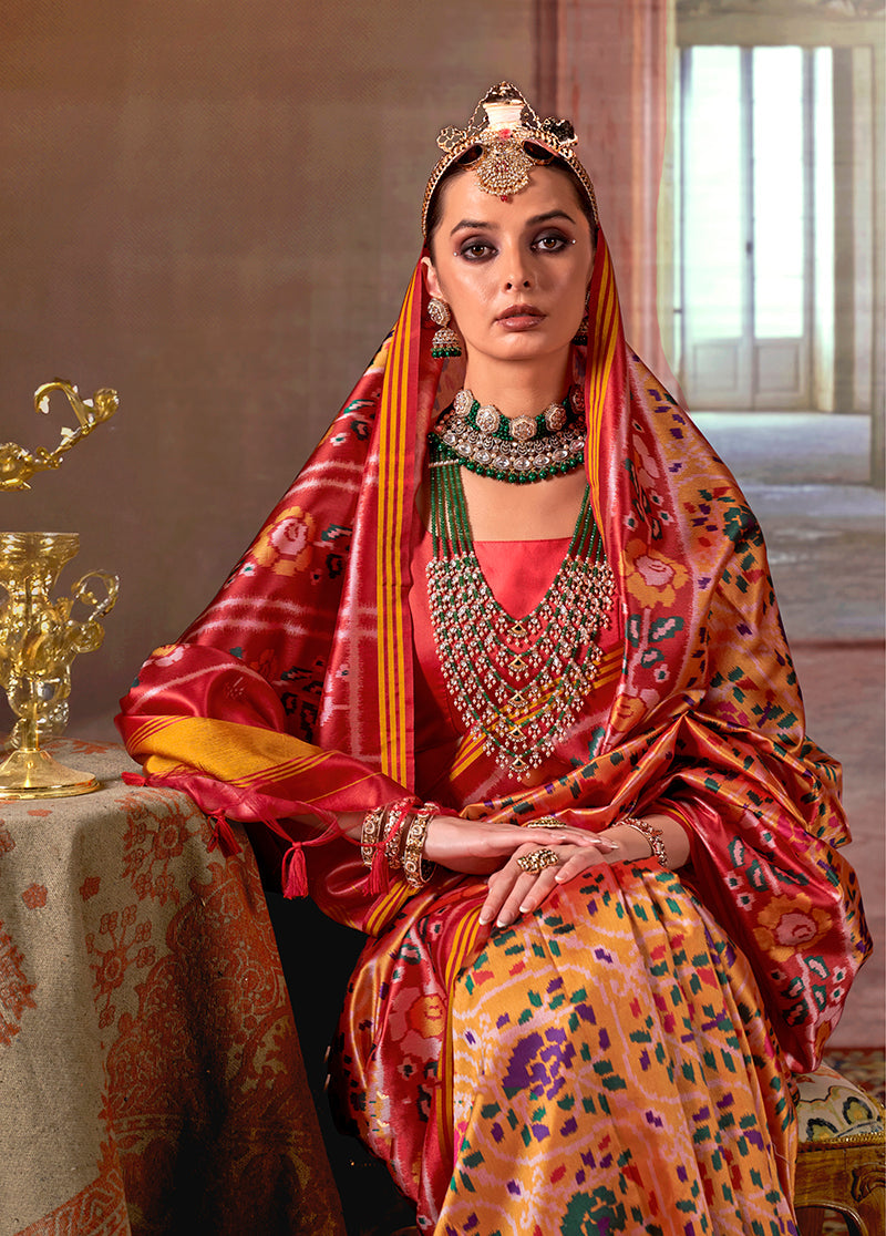 Monjolika Fashion Yellow Silk Blend Patola Print Saree with Red Blouse - Distacart