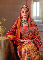 Monjolika Fashion Yellow Silk Blend Patola Print Saree with Red Blouse - Distacart