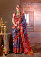 Monjolika Fashion Navy Blue Silk Blend Patola Print Saree with Red Blouse - Distacart