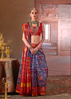 Monjolika Fashion Navy Blue Silk Blend Patola Print Saree with Red Blouse - Distacart