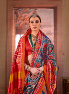 Monjolika Fashion Teal Silk Blend Patola Print Saree with Red Blouse - Distacart
