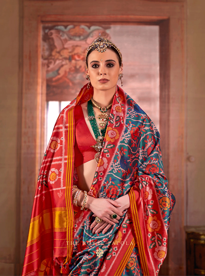 Monjolika Fashion Teal Silk Blend Patola Print Saree with Red Blouse - Distacart