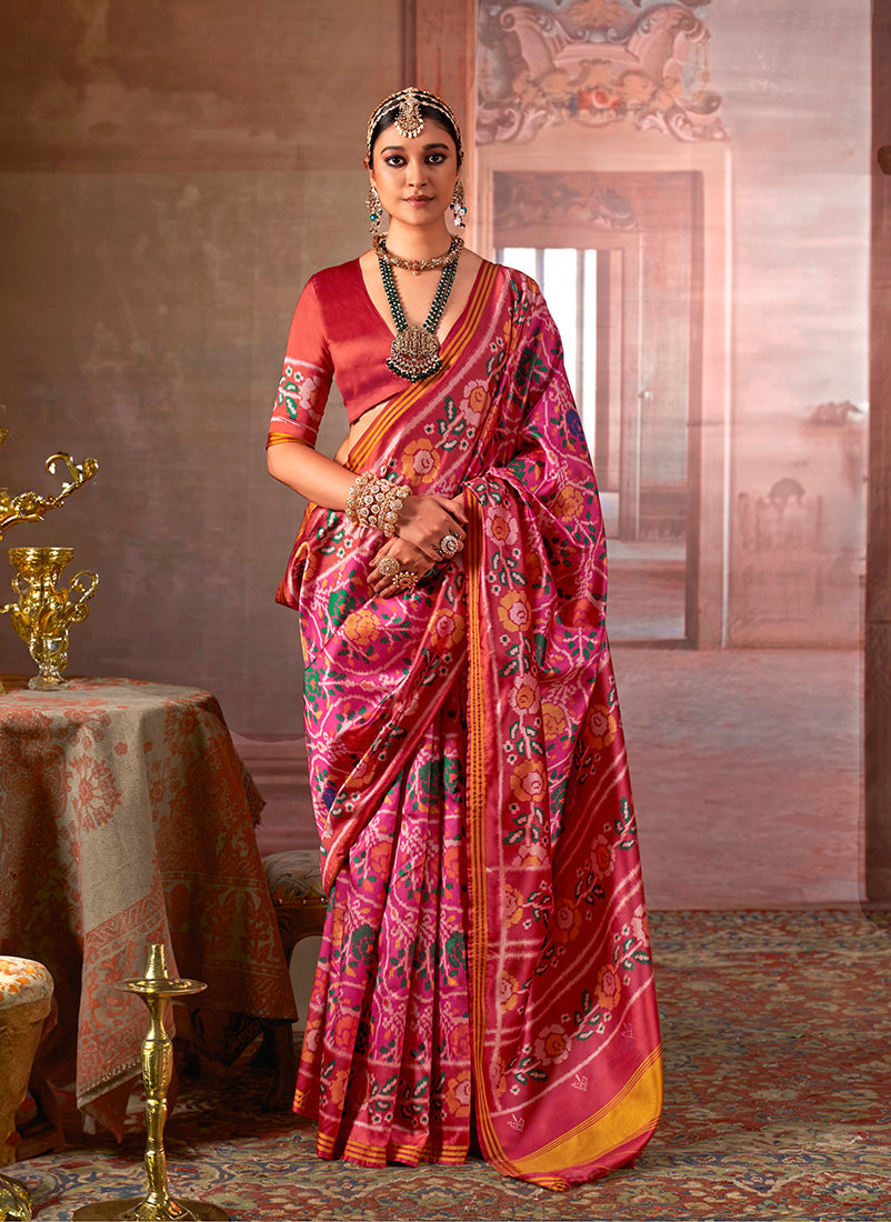 Monjolika Fashion Pink Silk Blend Patola Print Saree with Red Blouse - Distacart