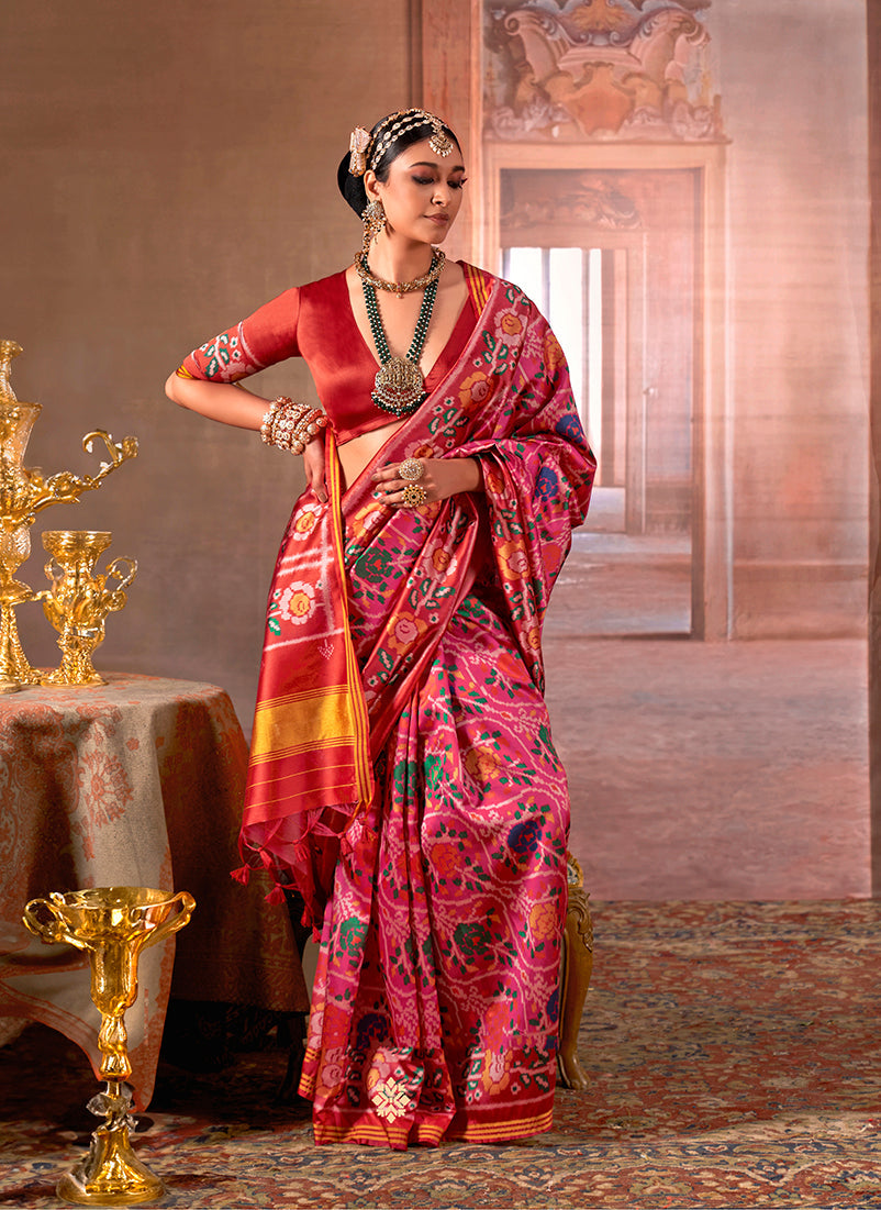 Monjolika Fashion Pink Silk Blend Patola Print Saree with Red Blouse - Distacart