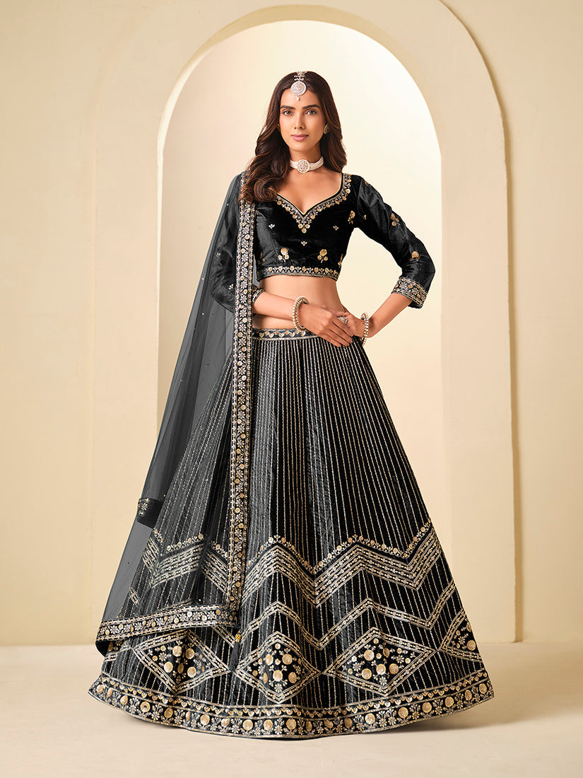 Monjolika Fashion Black Velvet Embroidered Sequins Work A Line Lehenga Choli - Distacart
