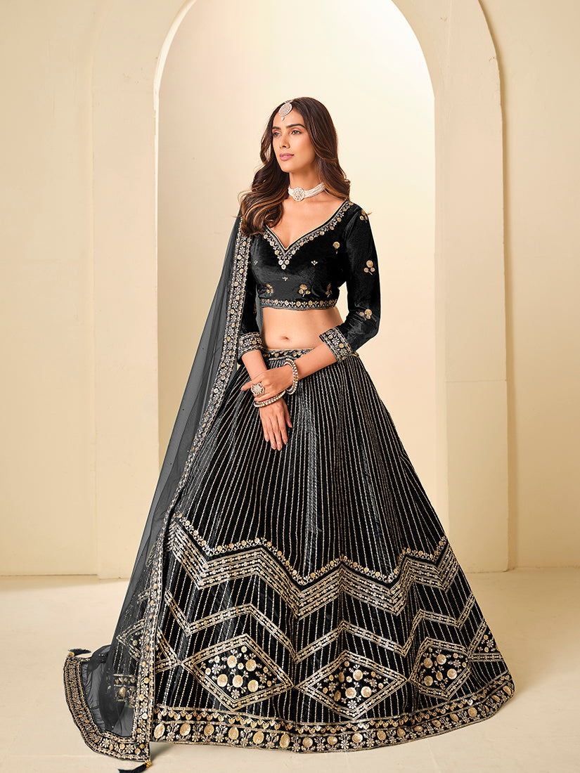 Monjolika Fashion Black Velvet Embroidered Sequins Work A Line Lehenga Choli - Distacart