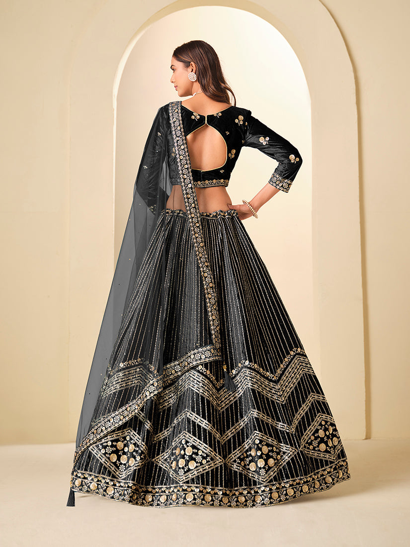 Monjolika Fashion Black Velvet Embroidered Sequins Work A Line Lehenga Choli - Distacart