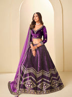 Monjolika Fashion Purple Velvet Embroidered Sequins Work A Line Lehenga Choli