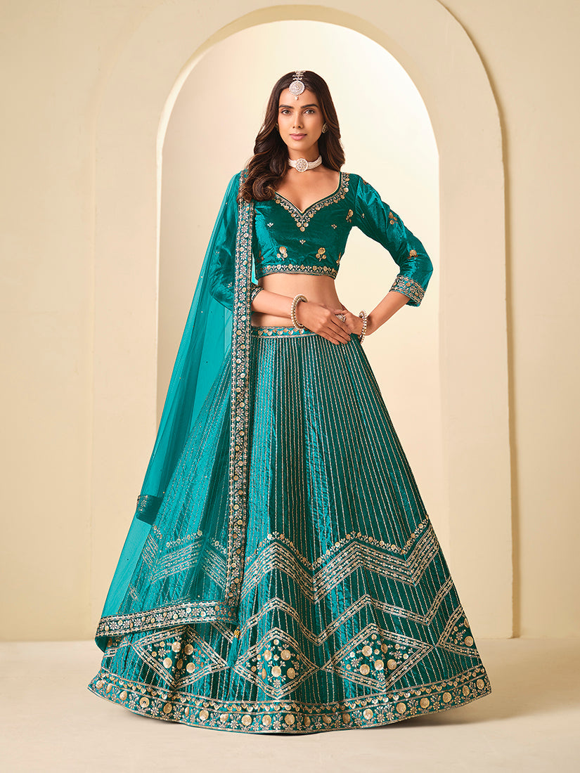 Monjolika Fashion Teal Velvet Embroidered Sequins Work A Line Lehenga Choli - Distacart