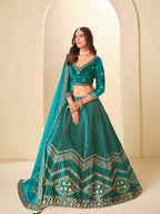 Monjolika Fashion Teal Velvet Embroidered Sequins Work A Line Lehenga Choli - Distacart