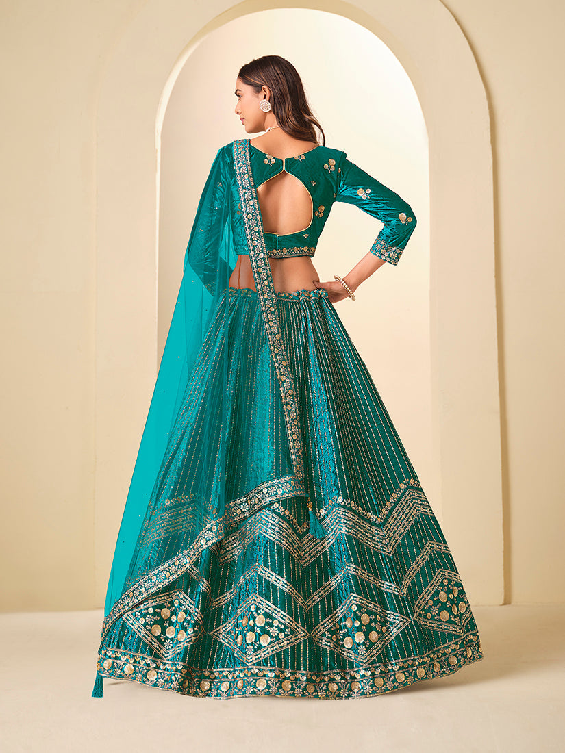 Monjolika Fashion Teal Velvet Embroidered Sequins Work A Line Lehenga Choli - Distacart