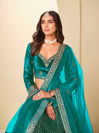 Monjolika Fashion Teal Velvet Embroidered Sequins Work A Line Lehenga Choli - Distacart