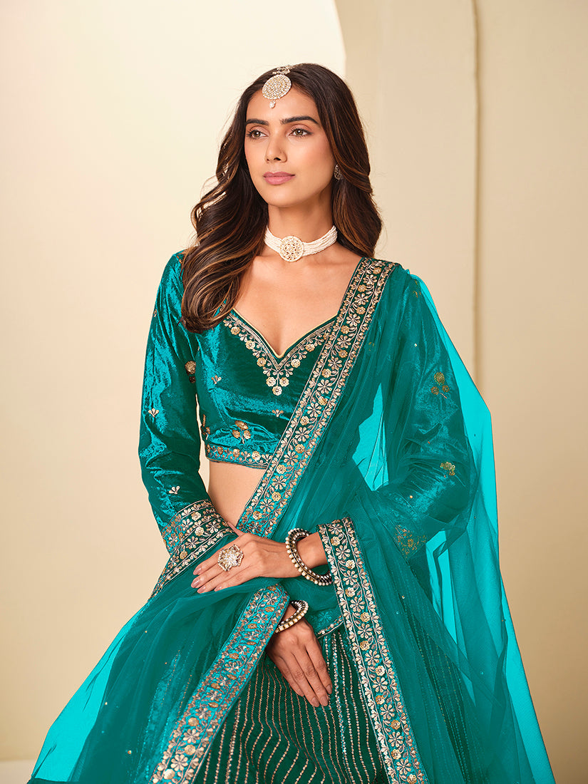 Monjolika Fashion Teal Velvet Embroidered Sequins Work A Line Lehenga Choli - Distacart