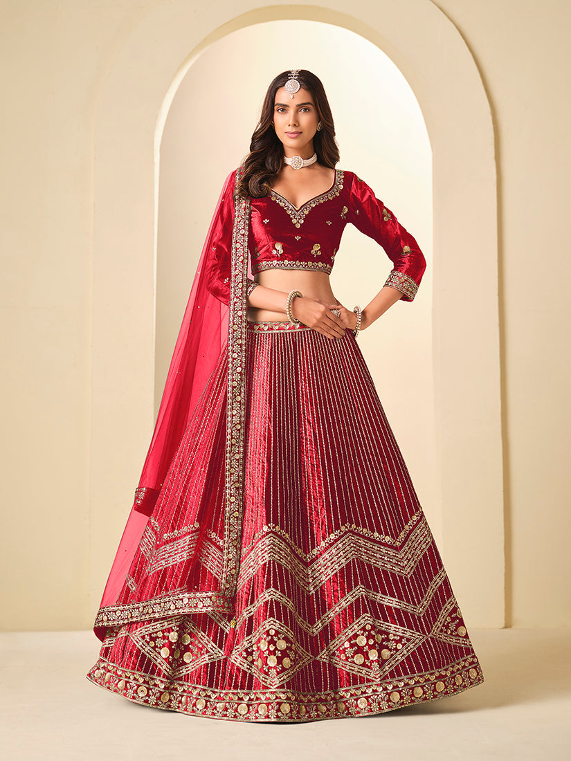 Monjolika Fashion Maroon Velvet Embroidered Sequins Work A Line Lehenga Choli - Distacart