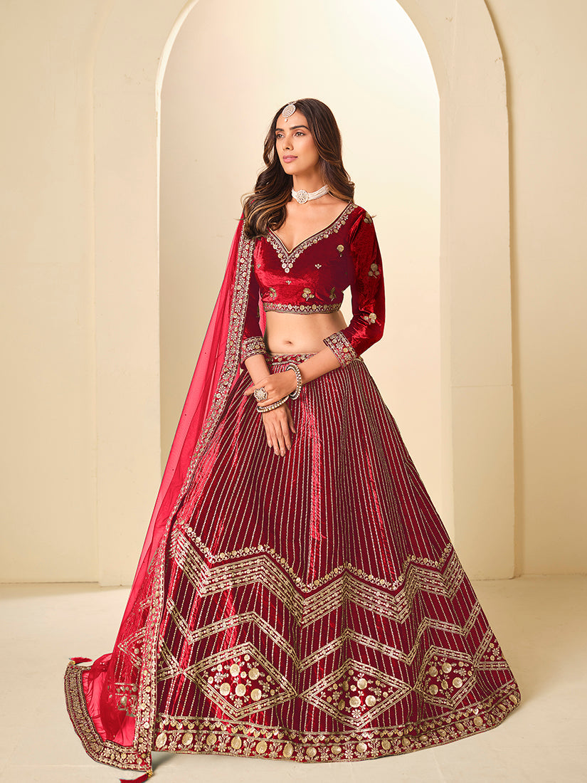 Monjolika Fashion Maroon Velvet Embroidered Sequins Work A Line Lehenga Choli - Distacart