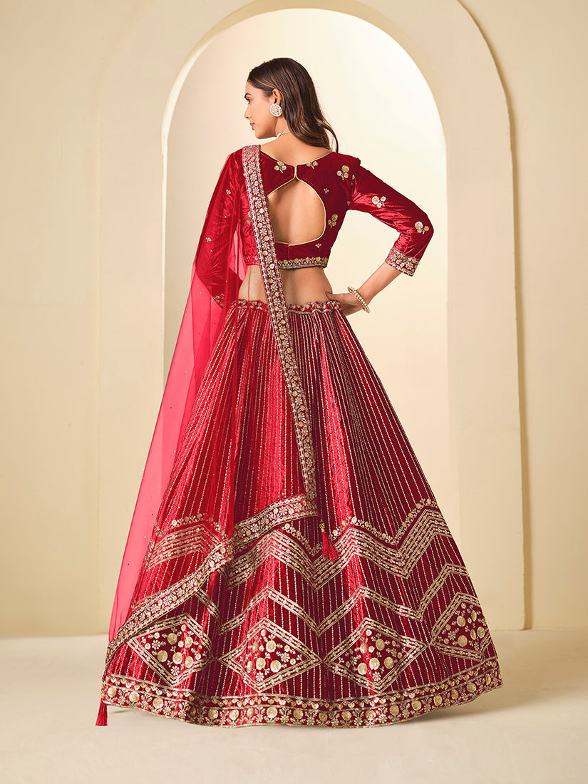 Monjolika Fashion Maroon Velvet Embroidered Sequins Work A Line Lehenga Choli - Distacart