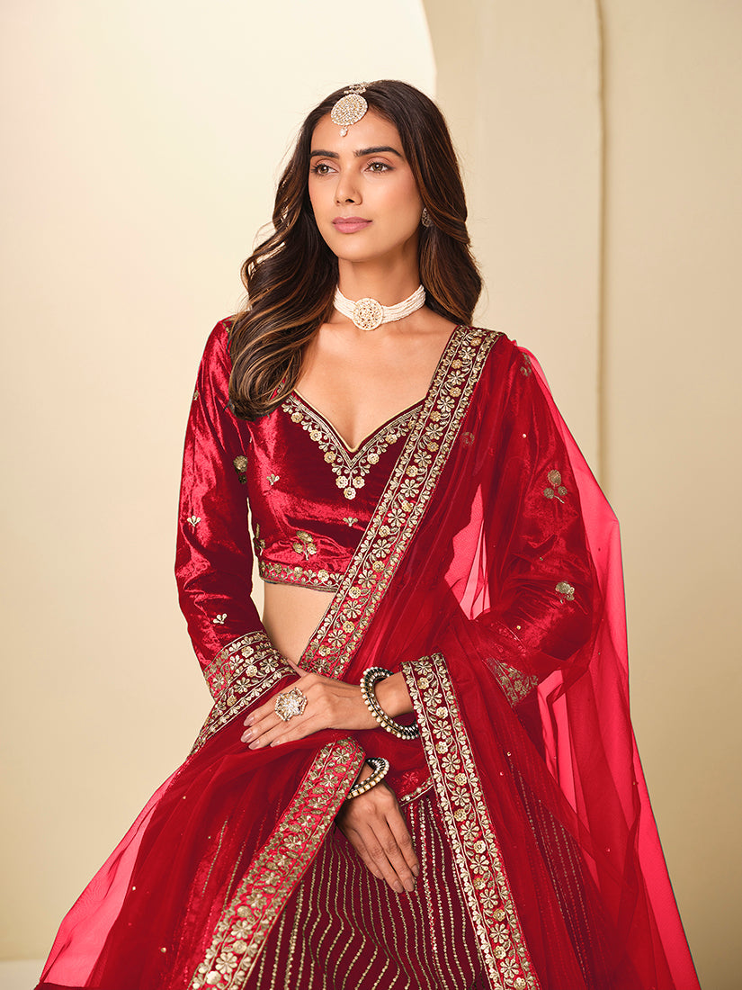 Monjolika Fashion Maroon Velvet Embroidered Sequins Work A Line Lehenga Choli - Distacart