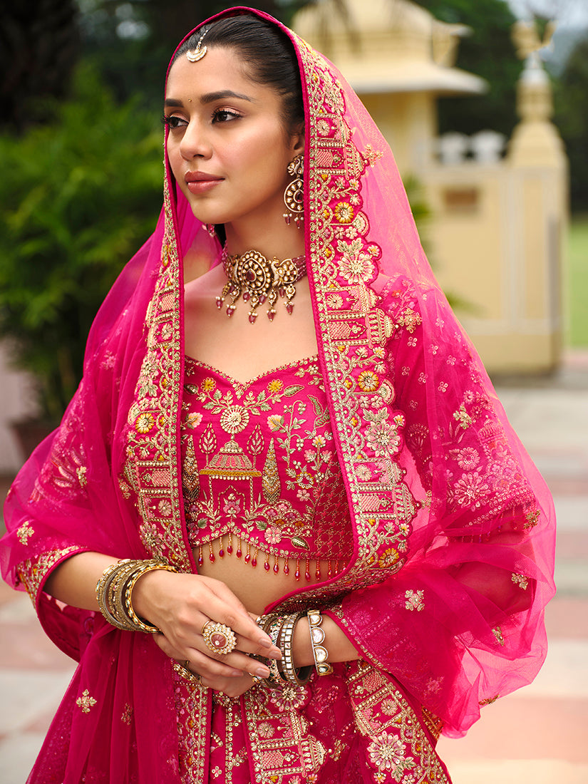 Monjolika Fashion Rani Pink Khatli Embroidered Silk Blend Bridal Lehenga Choli