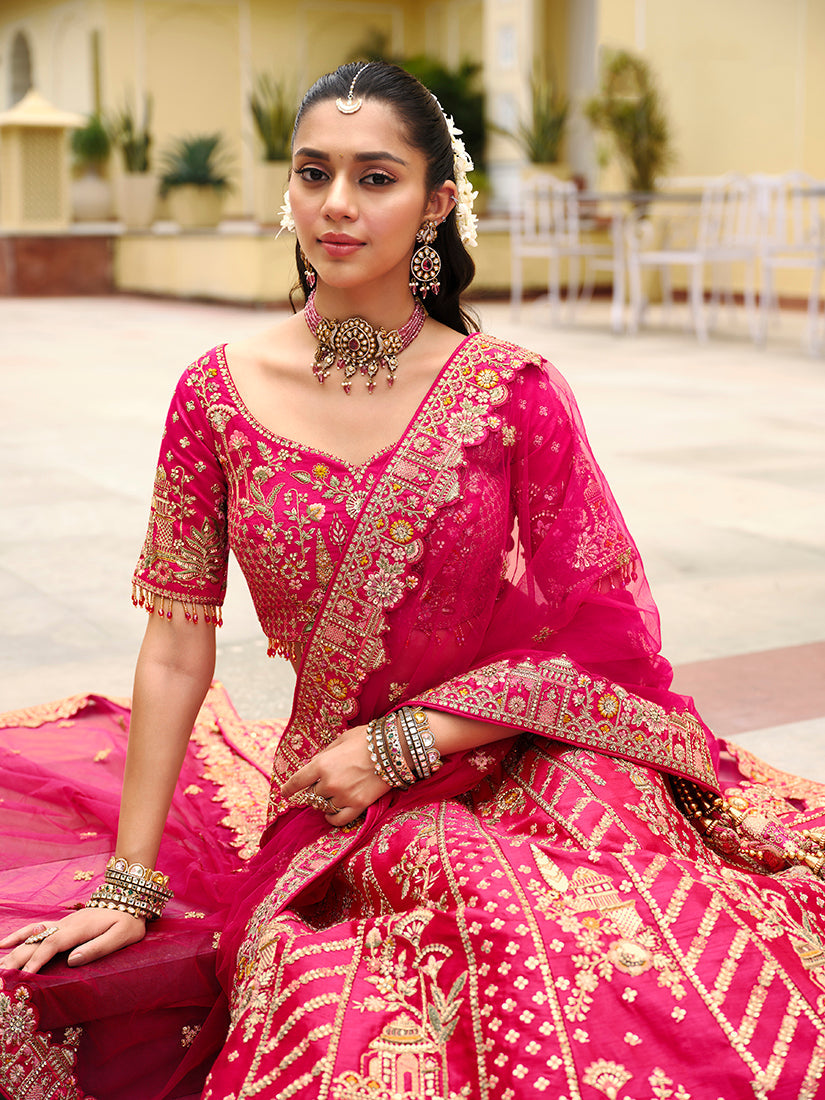 Monjolika Fashion Rani Pink Khatli Embroidered Silk Blend Bridal Lehenga Choli