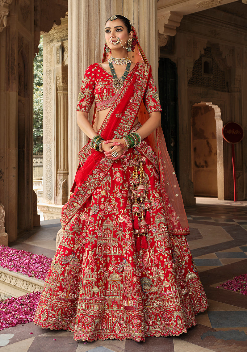 Monjolika Fashion Red Khatli Embroidered Silk Blend Bridal Lehenga Choli