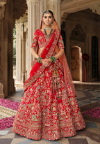 Monjolika Fashion Red Khatli Embroidered Silk Blend Bridal Lehenga Choli
