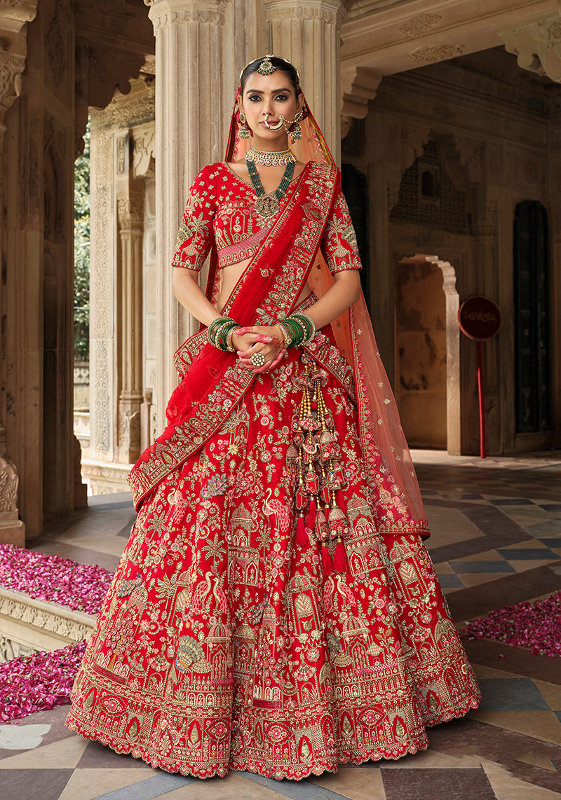 Monjolika Fashion Red Khatli Embroidered Silk Blend Bridal Lehenga Choli