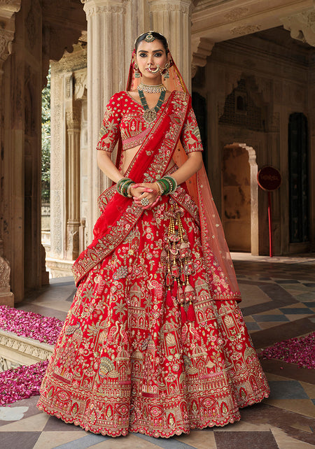 Monjolika Fashion Red Khatli Embroidered Silk Blend Bridal Lehenga Choli