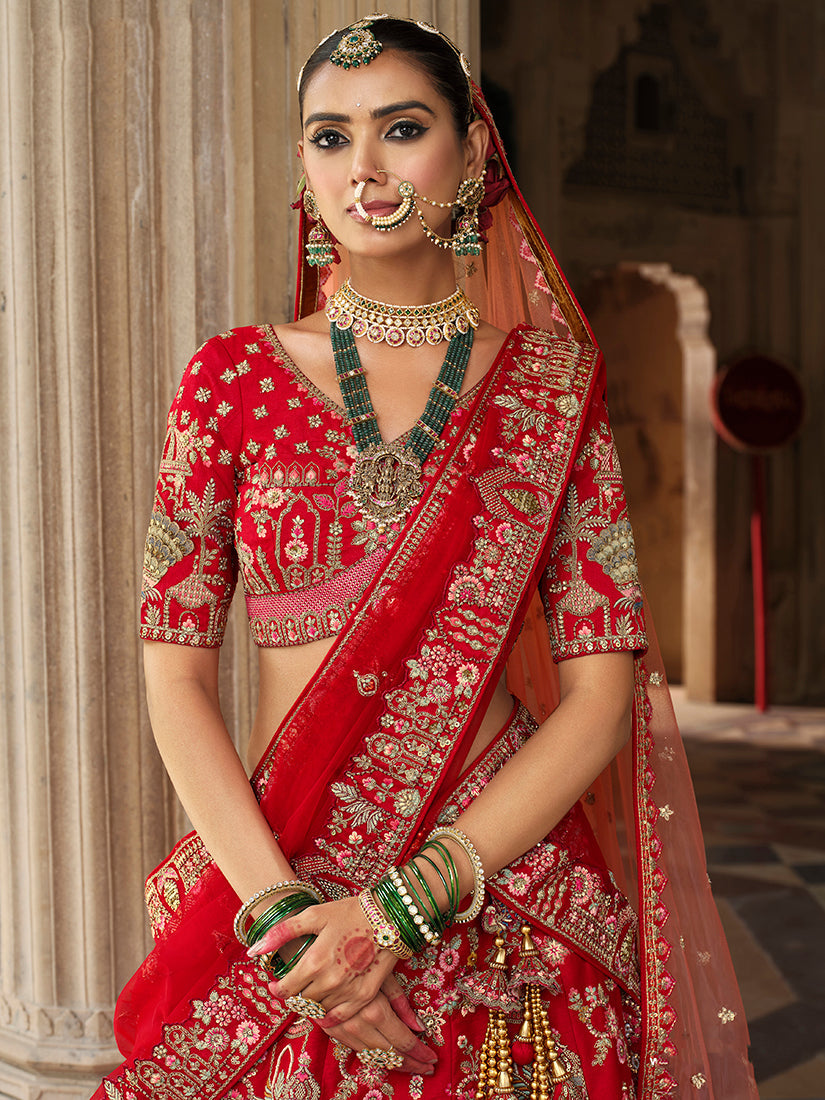 Monjolika Fashion Red Khatli Embroidered Silk Blend Bridal Lehenga Choli