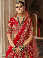 Monjolika Fashion Red Khatli Embroidered Silk Blend Bridal Lehenga Choli
