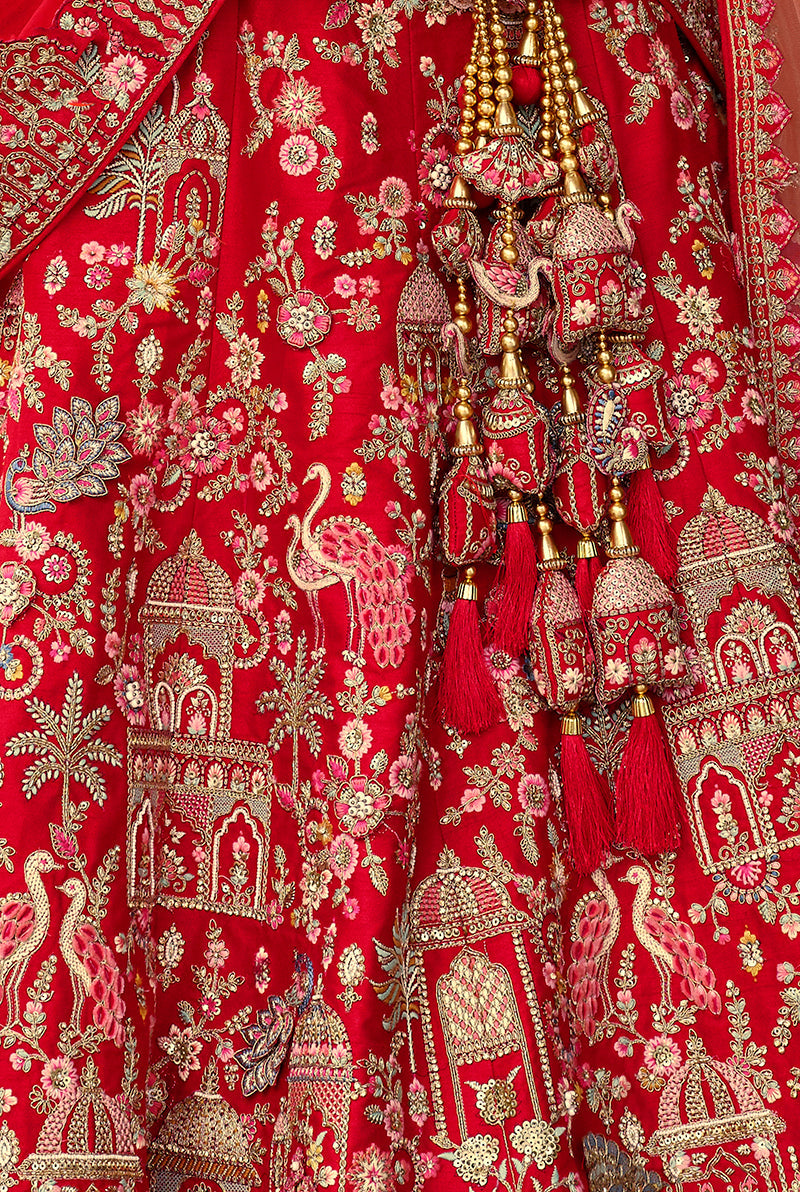 Monjolika Fashion Red Khatli Embroidered Silk Blend Bridal Lehenga Choli